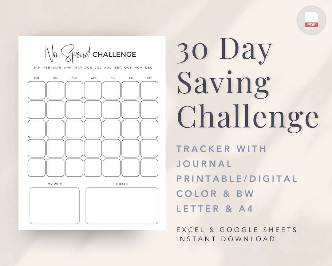 30 Day Saving Challenge Printable | No Spend Money Saving Challenge ...