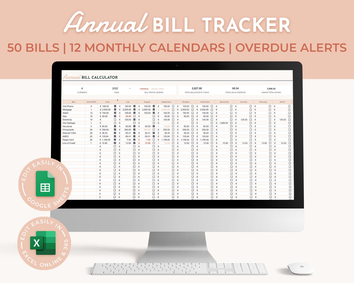 Bill Tracker Spreadsheet: Annual Budget, Excel & Google Sheets - Etsy