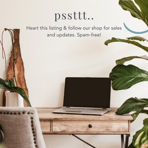 May include: A wooden desk with a laptop computer, a potted plant, and a chair. The desk has a drawer and a shelf. The text "pssttt.. Heart this listing & follow our shop for sales and updates. Spam-free!" is written on the wall behind the desk.