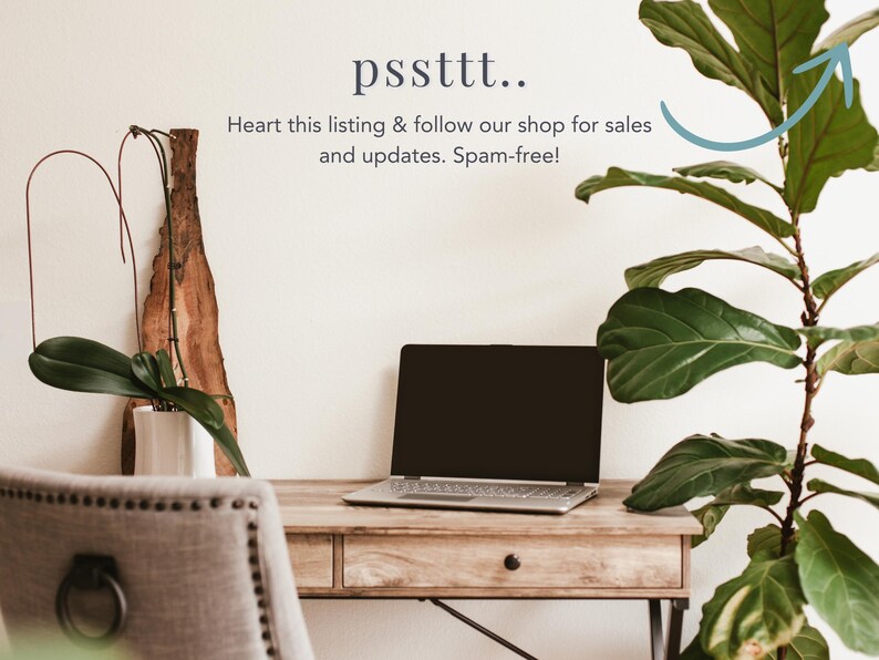 May include: A wooden desk with a laptop computer, a potted plant, and a chair. The desk has a drawer and a shelf. The text "pssttt.. Heart this listing & follow our shop for sales and updates. Spam-free!" is written on the wall behind the desk.