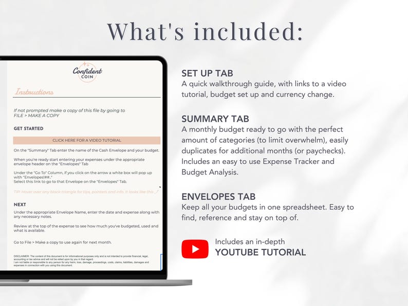 May include: A computer screen displaying a digital budget planner with instructions on how to use the program. The program includes tabs for "Set Up", "Summary", and "Envelopes".