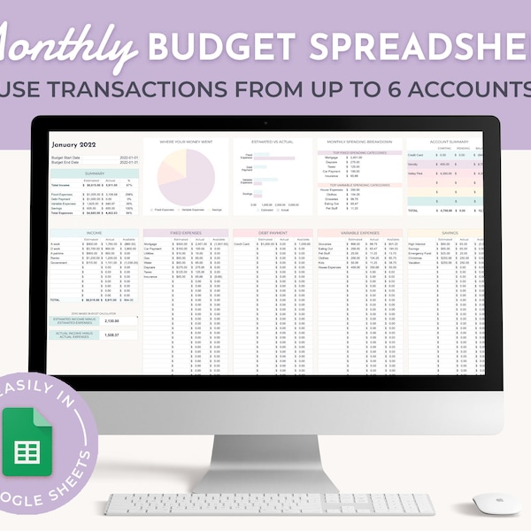 Persönliches Finanz-Dashboard, monatlicher Budget-Planer, Bankkonten-Tracker, Google Sheets-Budgetvorlage, Bankkonten-Kreditkarten-Tracker