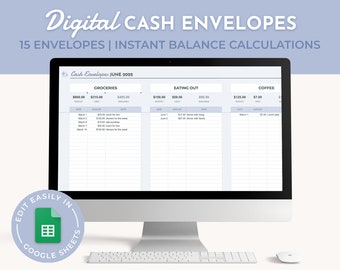 Digital Cash Envelopes, Instant Download, Cash Spending Tracker, Digital Finance Spreadsheet, Budgeting Spreadsheet, Spending Tracker