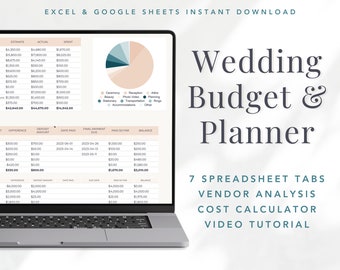 Modèle de feuille de calcul Excel de budget de mariage | Planificateur de mariage Google Sheets | Calculateur de coût de mariage | Invité de mariage et planificateur de sièges