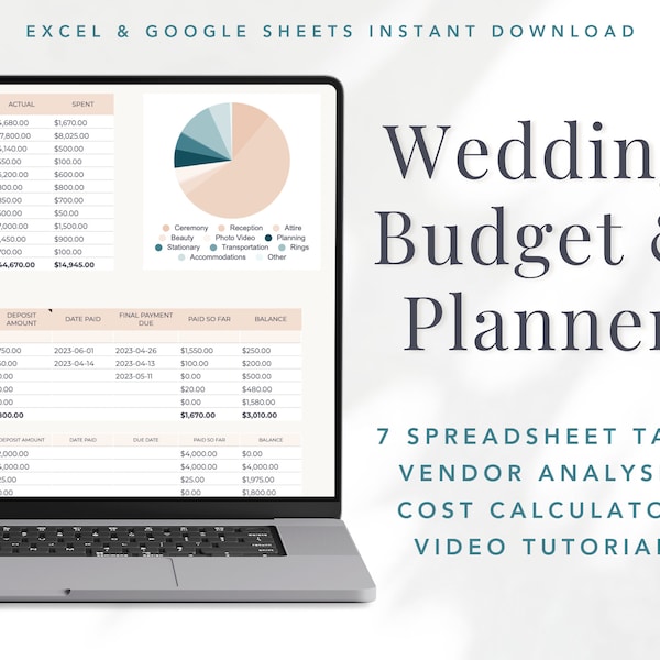 Wedding Budget Excel Spreadsheet Template | Google Sheets Wedding Planner | Wedding Cost Calculator | Wedding Guest and Seating Planner