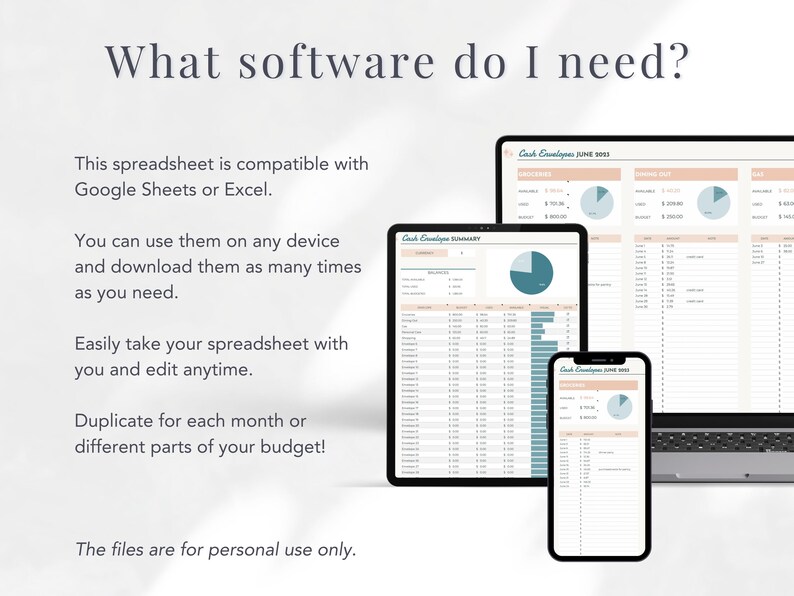 May include: A screenshot of a computer screen showing a spreadsheet program with the text "Cash Envelopes June 2021" at the top. The spreadsheet is compatible with Google Sheets or Excel.