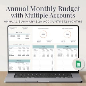 Pode incluir: Um laptop exibe uma planilha financeira intitulada "Orçamento Mensal Anual com Múltiplas Contas". A tela mostra dados para resumo anual, 20 contas e 12 meses. A planilha é organizada com seções para renda, contas e dívidas.