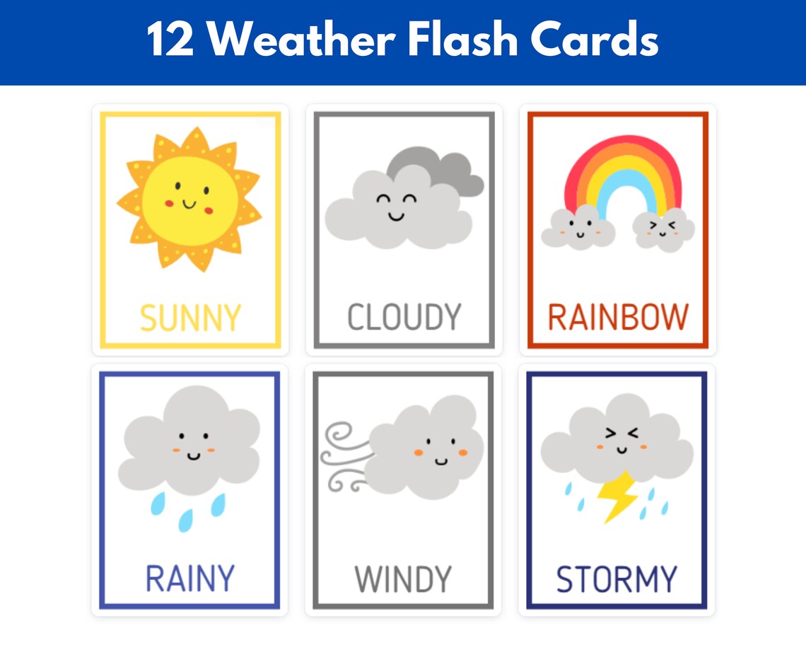 Weather Flashcards, Printable Weather Cards, Weather Vocabulary, Weather Activity, Printable ...