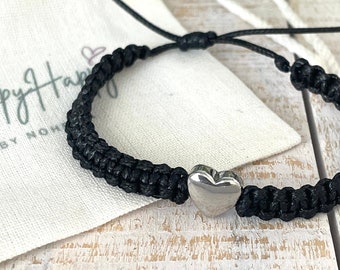 Silver Heart Macrame Bracelet: Wax Cord Adjustable Bracelet