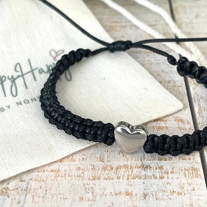 Silver heart bracelet, Tiny heart bracelet, Wax cord bracelet, Couples bracelet set, Surfer Bracelet, Adjustable bracelet, macrame bracelet