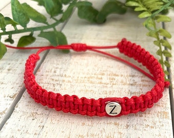 Initial bracelet, red cord bracelet, Wax cord bracelet, couple bracelet set, Surfer Bracelet, silver initial bracelet, bracelet for men