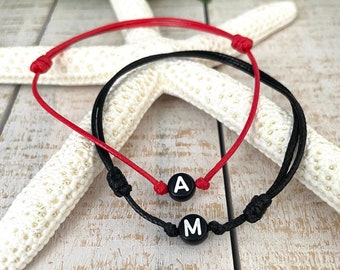 Initial Couple Bracelet: Waterproof Waxed Cord Adjustable Bracelet