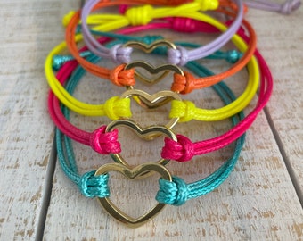 Gold Heart Charm Bracelet: Boho Waxed Cord Adjustable Bracelet