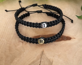 Initial bracelet, Wax cord bracelet, couple bracelet set, Surfer Bracelet, silver initial bracelet, gold initial bracelet, bracelet for men