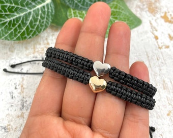 Silver heart bracelet, gold heart bracelet, Tiny heart bracelet, Matching bracelet, Adjustable bracelet, Macrame bracelet, Surfer bracelets