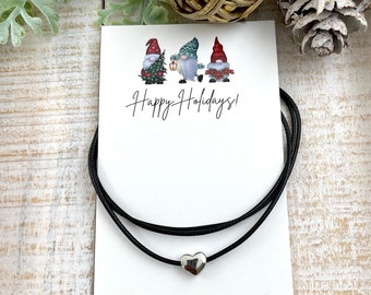 Heart Choker, Adjustable Cord Necklace, Christmas Presents, Small Heart Necklace, Wax Cord Necklace, Silver Heart Necklace, Thoughtful Gift