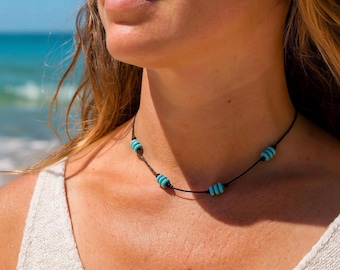 Adjustable Turquoise Choker: Boho Waxed Cord Necklace