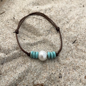 Freshwater Pearl Bracelet: Turquoise Beads, Waxed Cord, Adjustable