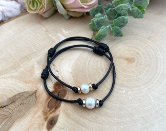 Freshwater Pearl Bracelet: Black Waxed Cord Adjustable Boho Bracelet