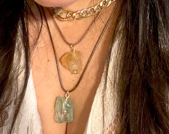 Raw Quartz necklace, raw crystal necklace, raw stone necklace, raw aquamarine necklace, adjustable cord necklace, Custom birthstone Necklace