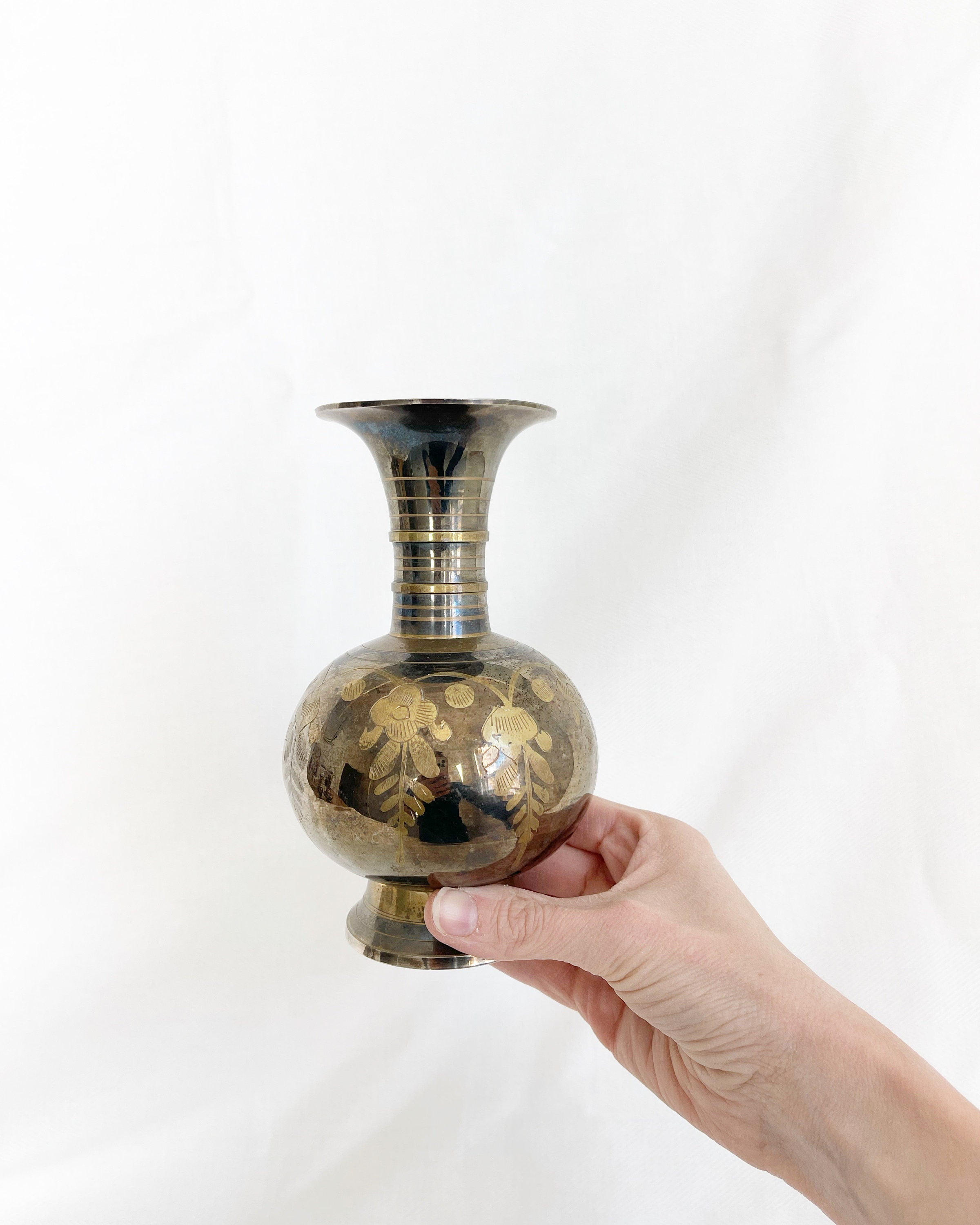 Vintage Etched Black and Gold Brass Vase Made in India Etsy