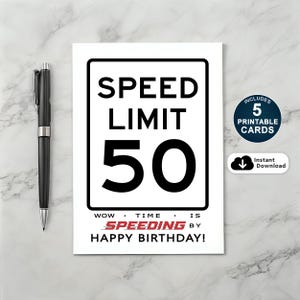 50e verjaardagskaart, verjaardagskaart maximumsnelheid, grappige 50e verjaardagskaart, afdrukbare verjaardagskaart