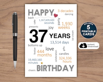37th Birthday Card: Milestone Celebration (PDF Printable)