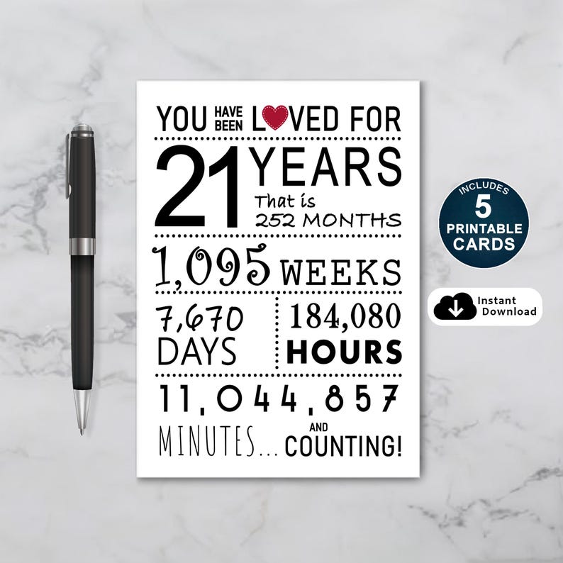 Celebrate a 21st birthday in style with our exclusive birthday card, available in five popular sizes. Instantly download and choose the perfect card to make your loved one's special day even more memorable.