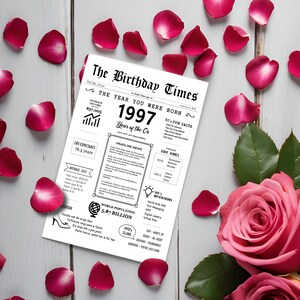 Red roses and petals embellish the 1997 birthday card, displaying facts and news from that period, including average income, popular headlines, life expectancy, inventions, item costs, world population, and fashion trends.