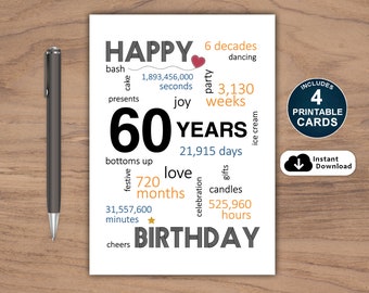 60th Birthday Card, Card For 60th Birthday, Printable 60th Birthday Card, Instant Download