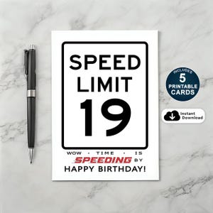 19e verjaardagskaart, verjaardagskaart snelheidslimiet, grappige 19e verjaardagskaart, afdrukbare verjaardagskaart