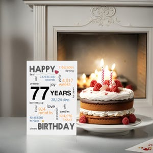 Celebrate a 77th birthday with an enchanting card alongside a beautifully decorated birthday cake. This card features joyful wishes like dancing, cake, gifts, festive, and a special mention of the exact years, months, days, and hours.