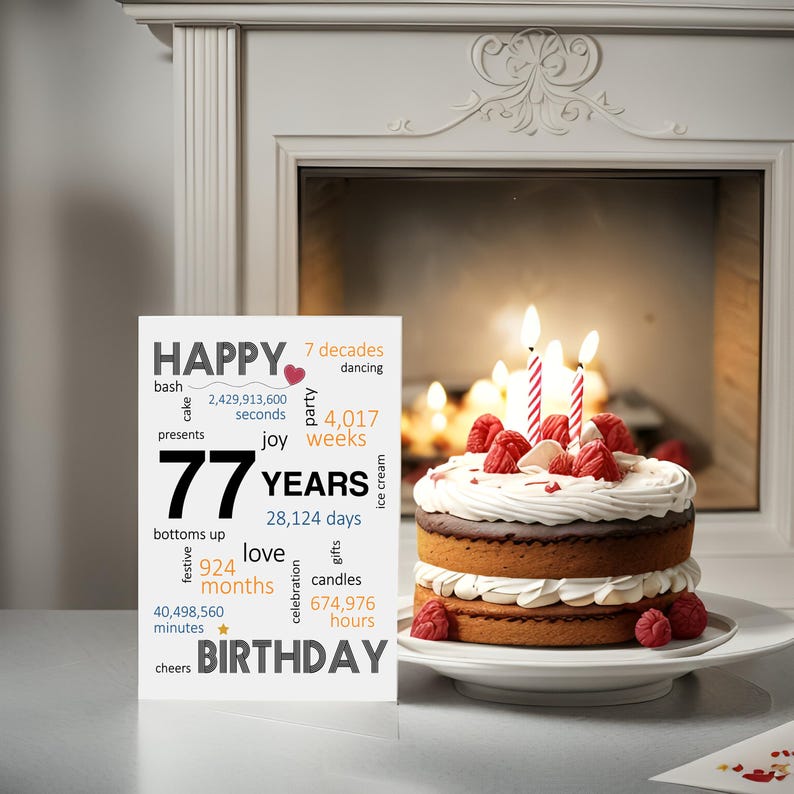 Celebrate a 77th birthday with an enchanting card alongside a beautifully decorated birthday cake. This card features joyful wishes like dancing, cake, gifts, festive, and a special mention of the exact years, months, days, and hours.