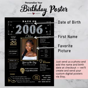 Available in five sizes and ready for instant download, our custom 2006 birthday printable is perfect for any celebration or space. Whether you're decorating for a party, sprucing up your home, or framing a nostalgic keepsake, you can personalize it with a name, date of birth, and photo to make it truly one-of-a-kind.