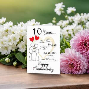 Celebrate your 10 year anniversary with an enchanting card featuring a gold heart, two intertwined heart balloons held by stick figures, and a backdrop of softly faded flowers for timeless elegance.