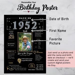 Available in 5 sizes for instant download, this 1952 birthday poster brings retro charm to any celebration or space, personalized with their name, birth date, and photo for a truly unique keepsake.