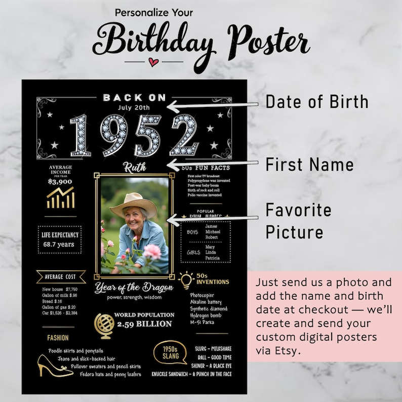 Available in 5 sizes for instant download, this 1952 birthday poster brings retro charm to any celebration or space, personalized with their name, birth date, and photo for a truly unique keepsake.