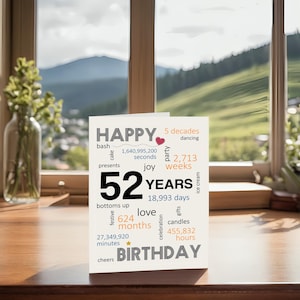 Celebrate a 52nd birthday with an enchanting card on a table, set against a beautiful landscape backdrop. The birthday card features joyful wishes like cheers, joy, gifts, love, and a special mention of the exact years, months, days and hours.