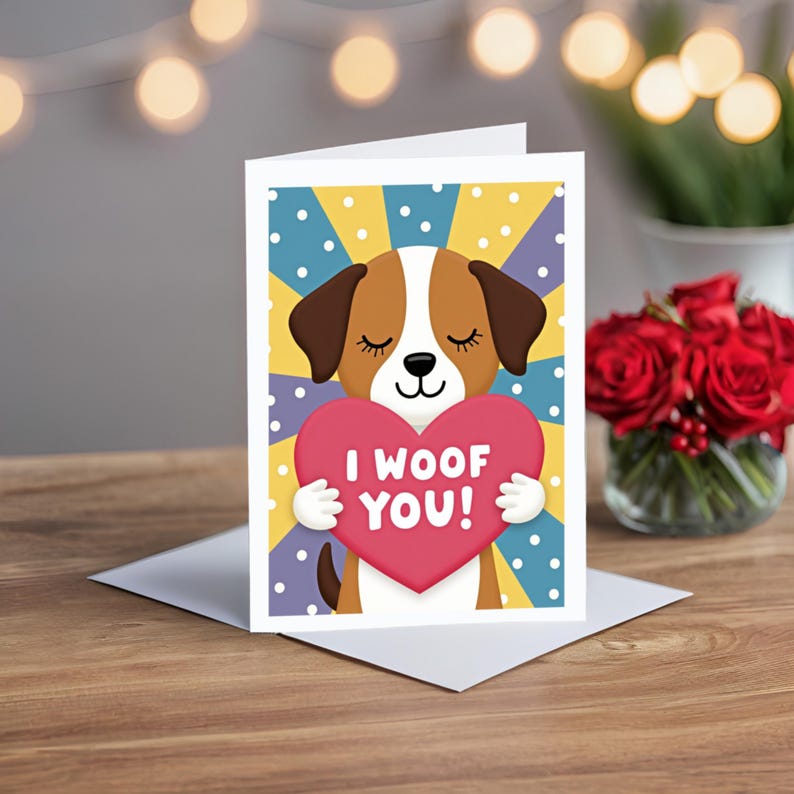 Adorable dog Valentine greeting card displayed on a wooden table. The card features a brown and white puppy holding a pink heart that reads I Woof You with a colorful dotted background.