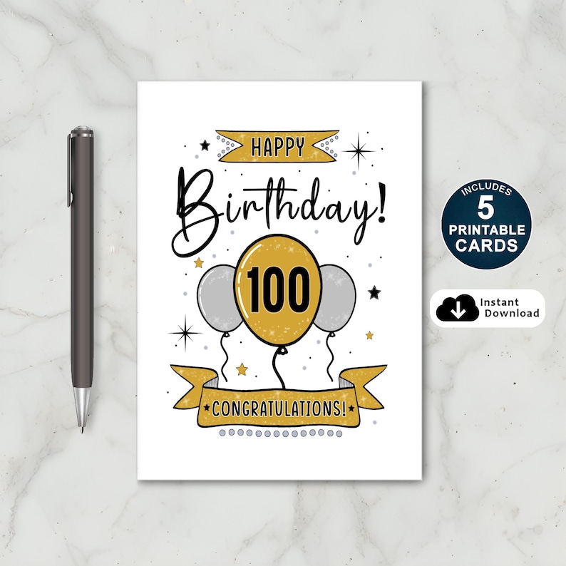 Printable 100th Birthday Card Happy 100th Birthday Card Happy 100th ...