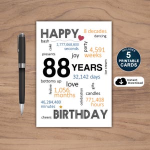 88歳の誕生日カード、88歳の誕生日カード、印刷可能な88歳の誕生日カード、即時ダウンロード