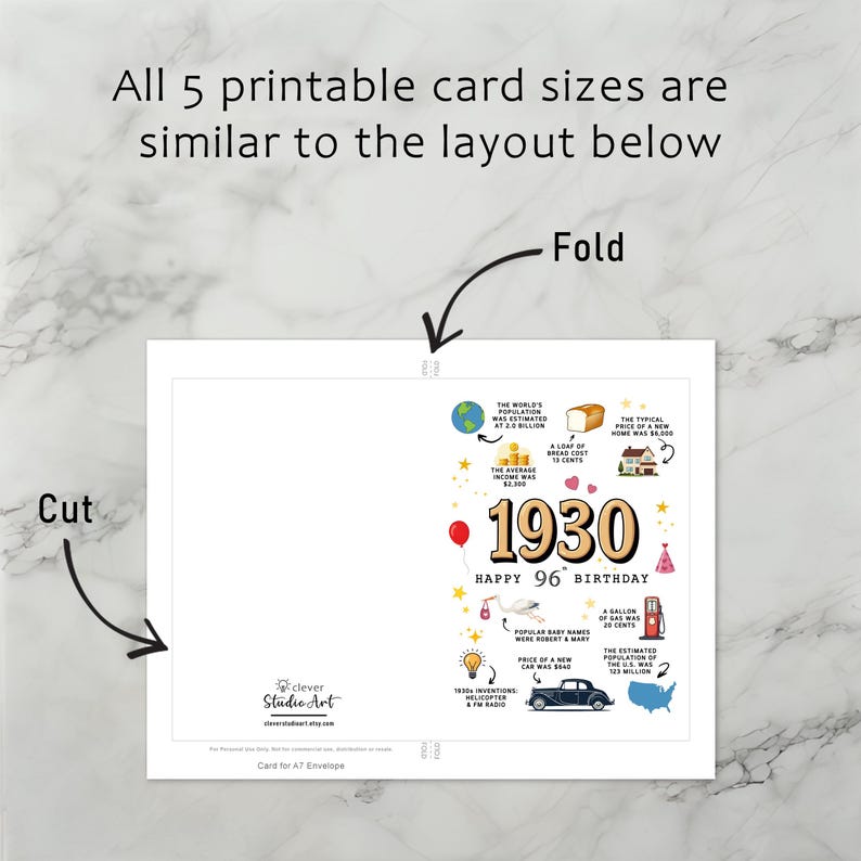 The 1930 birthday card template offers precise instructions for cutting, folding and printing. This consistent layout ensures a user-friendly experience for all five 1930 birthday cards.