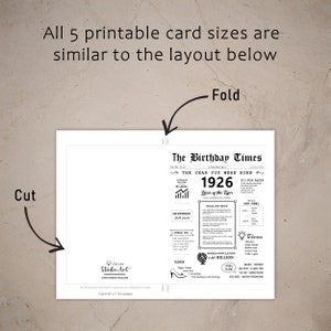 The 1926 birthday card template provides guidelines for cutting and folding the card after printing. This layout is consistent across all five 1926 birthday cards for ease of use.