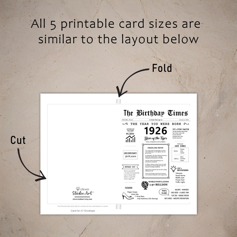 The 1926 birthday card template provides guidelines for cutting and folding the card after printing. This layout is consistent across all five 1926 birthday cards for ease of use.