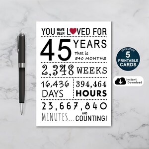 Biglietto di auguri per il 45° compleanno, biglietto di auguri stampabile, sei stato amato per 45 anni, biglietto di auguri per il 45° compleanno per lui o per lei