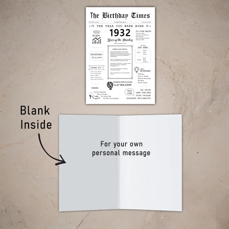 The inside of the 1932 printable birthday card is intentionally blank, allowing you to pen your heartfelt message, imparting a personal touch to your 1932 birthday wishes.