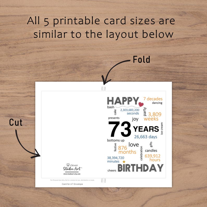 The 73rd birthday card template provides clear guidelines for cutting and folding after printing. This consistent layout ensures ease of use across all five sizes.