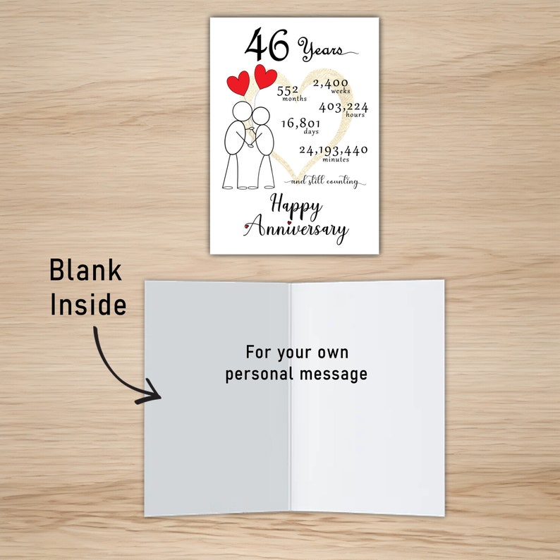 Our anniversary card, commemorating 46 years, boasts a blank interior, empowering you to craft a heartfelt message and infuse your celebration with a personal touch.