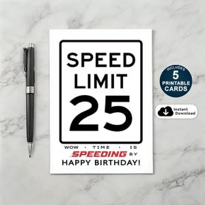 25e verjaardagskaart, verjaardagskaart snelheidslimiet, grappige 25e verjaardagskaart, afdrukbare verjaardagskaart