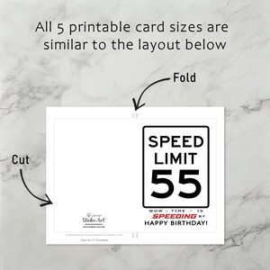 The 55th Birthday Speed Limit Card template includes clear guidelines for cutting and folding after printing. This consistent layout ensures ease of use across all five sizes.